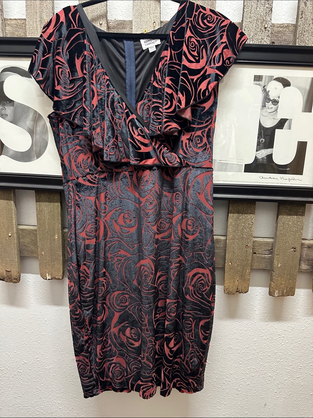 Unique Vintage Black and Burgundy Floral Midi Wrap Dress with stretch